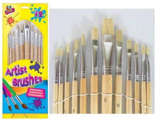 12 ARTIST PAINT BRUSH SETS Small/Large Wooden Acrylic/Oil/Watercolour Thin Thick