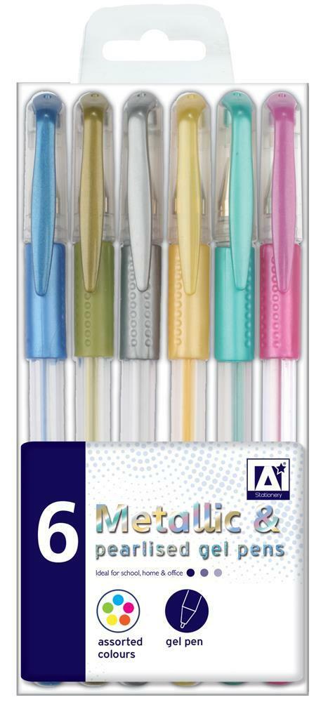 6 Assorted Metallic Pearlised Gel Pens – Shimmer Glitter Writing & Drawing Pens for School, Office & Crafts