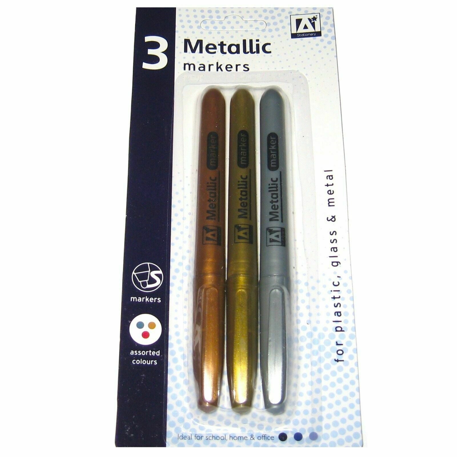 3 Metallic Marker Pens Gold / Bronze & Silver Craft Paper Card Metal Glass Arts