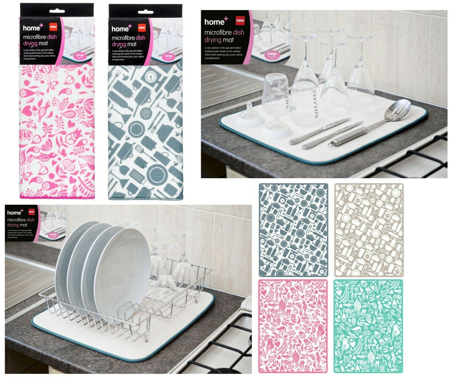 Large Microfibre Dish Drying Mat Washing Up Towel Kitchen Sink Drainer 38x48 cm