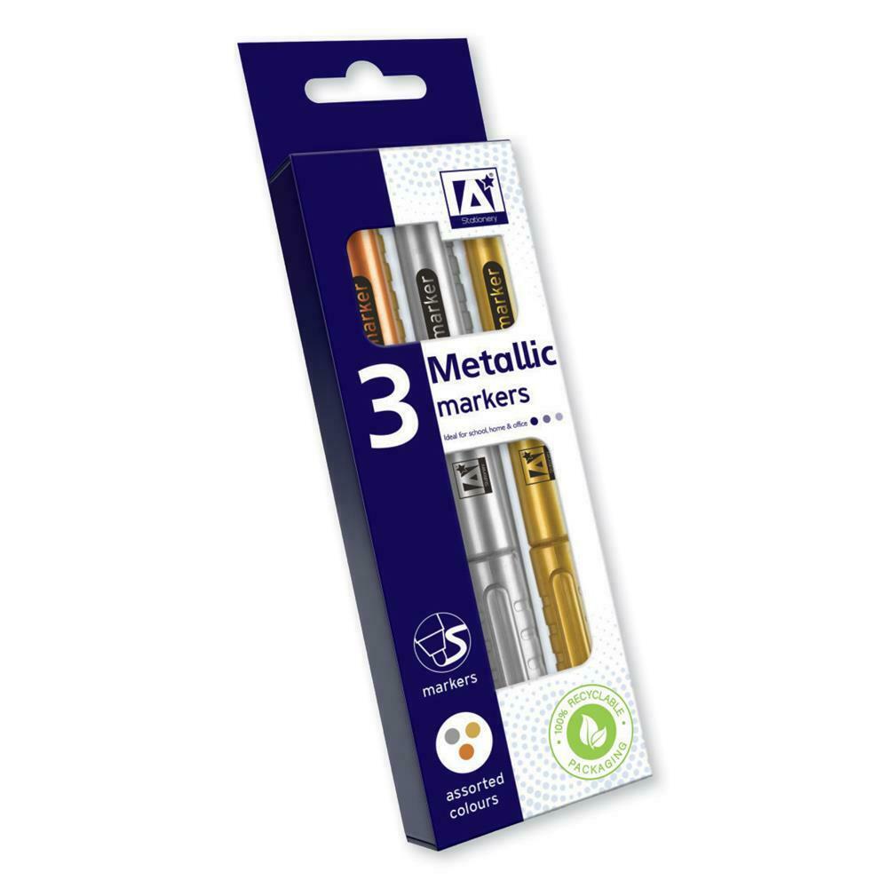 3 Metallic Marker Pens Gold / Bronze & Silver Craft Paper Card Metal Glass Arts