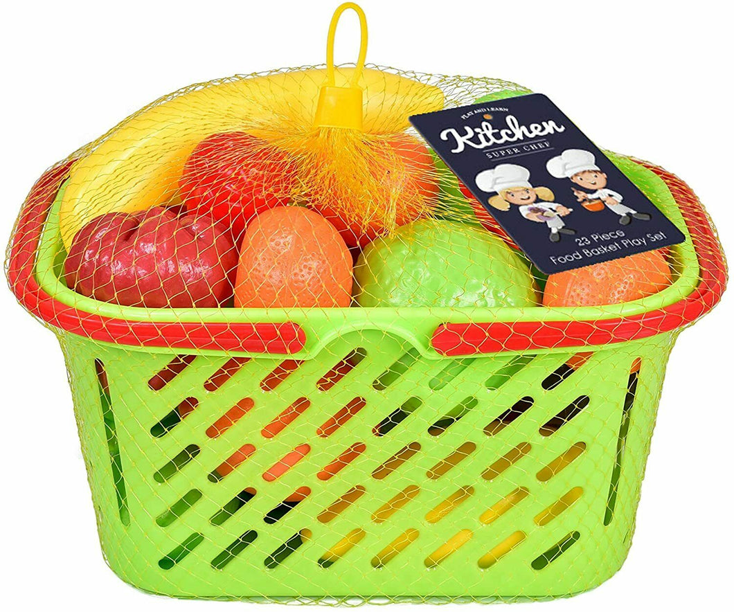 23Pc Plastic Fruit Veg Shopping Basket And Handles Pretend Food Role Play Toy
