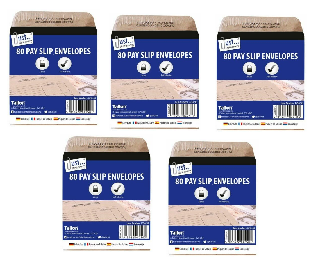 5 Pack Pay Slip Envelopes – 80 Self Adhesive Cash, Salary & Dinner Money Envelopes