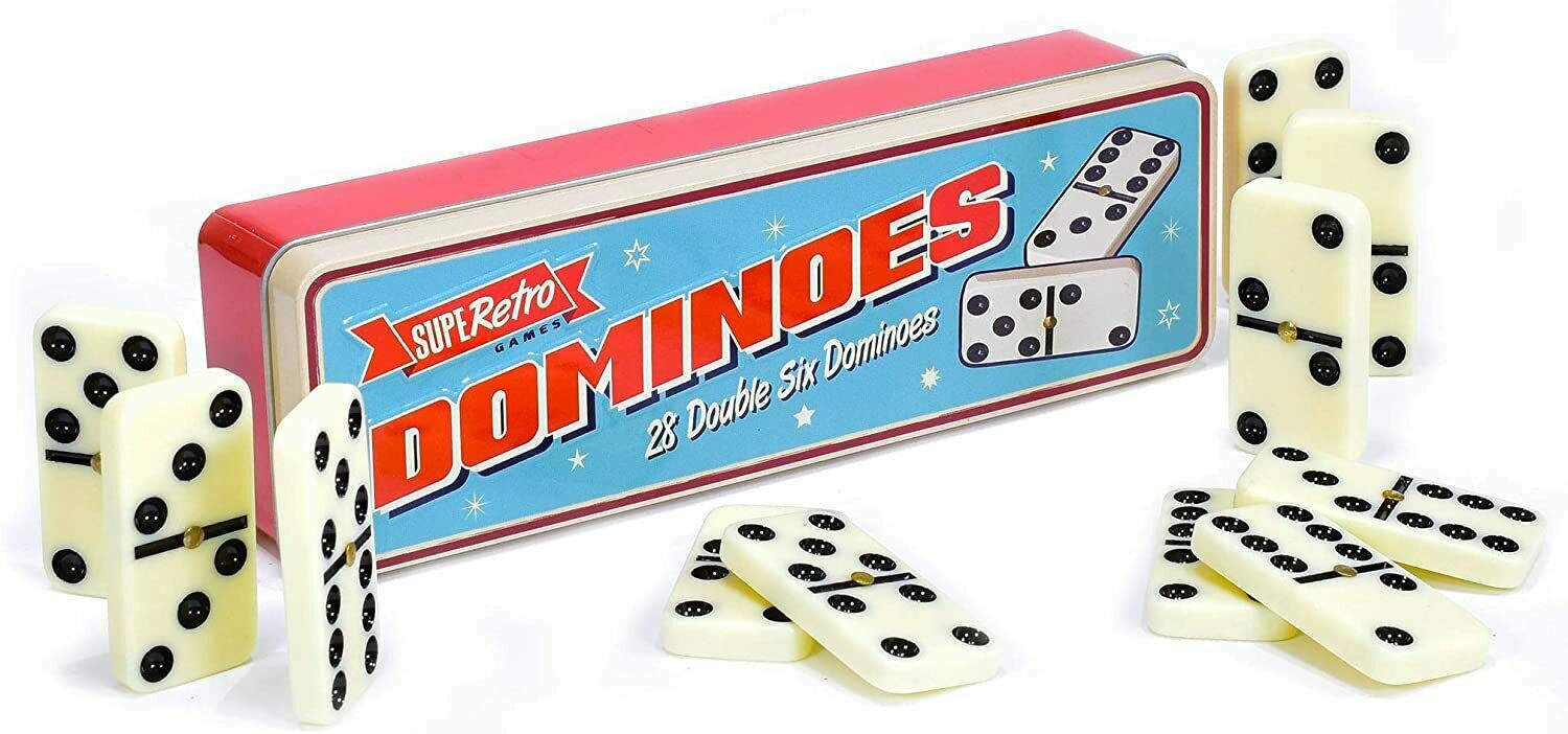 SupeRetro Double 6 Six Dominoes in Tin Gift Set 28pcs Traditional Travel Game