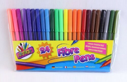 24 x Coloured Felt Tip Pens Set Adult & Kids Childrens Colouring Fine Fibre Pens