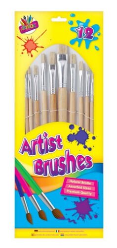 12 ARTIST PAINT BRUSH SETS Small/Large Wooden Acrylic/Oil/Watercolour Thin Thick