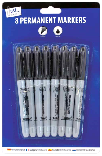 Pack of 8 Permanent Marker Pens - BLACK - Bullet Tip - Fast Drying - Non Toxic
