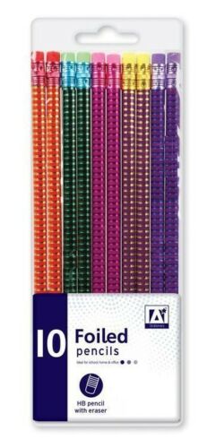10 x Foiled HB Pencils With Eraser Rubber Tip Back to School Exam Stationary Set