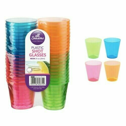 30 x Plastic Shot Glasses Drinking Cup Neon Coloured Party Bar Games Drink 28ml